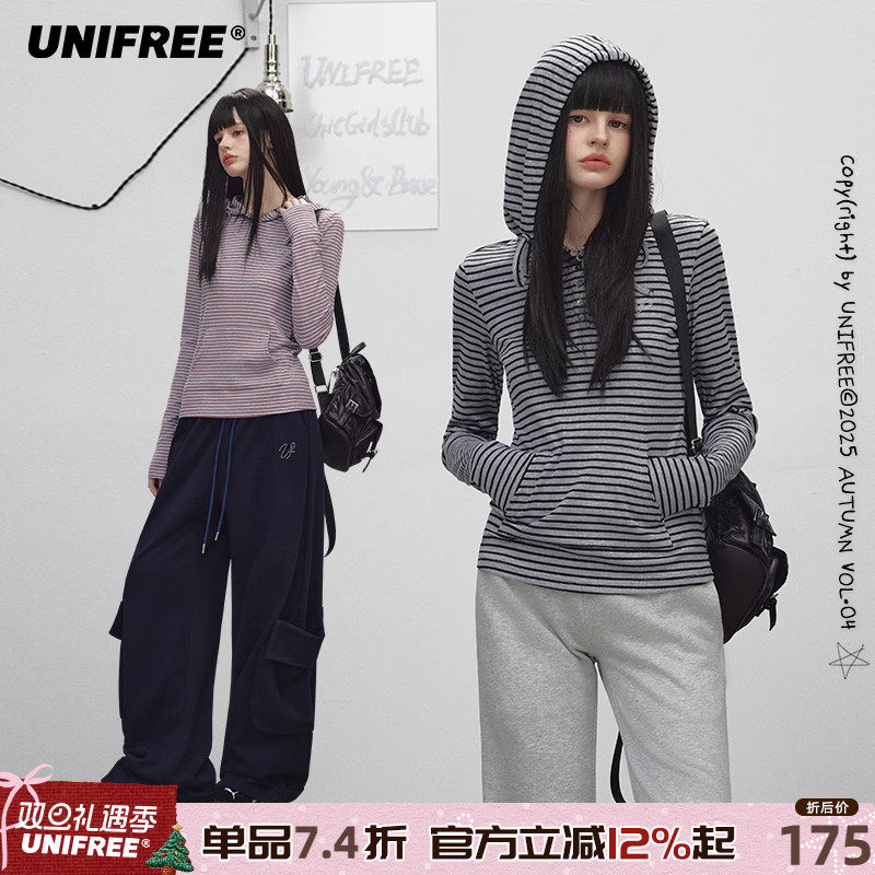 UNIFREE韩系条纹连帽长袖T恤女