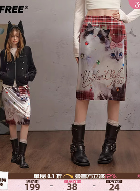 UNIFREE猫咪印花格纹半身裙女25年秋季新款红色复古童趣长款裙子