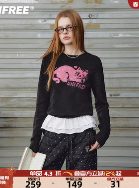UNIFREE黑色复古针织衫女糯米绒小猫提花秋季加厚高级小个子毛衣