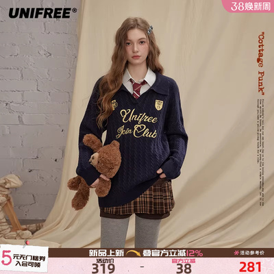 UNIFREE藏蓝色翻领针织毛衣