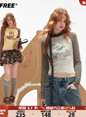 UNIFREE条纹长袖圆领T恤女秋季新款正肩撞色修身显瘦复古短款上衣