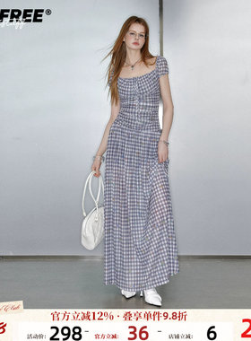 UNIFREE紫色复古格子短袖连衣裙女夏季方领气质收腰显瘦长款裙子