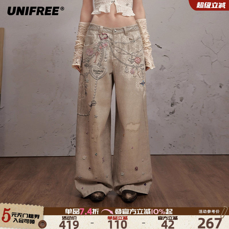 UNIFREE蕾丝链条印花休闲裤