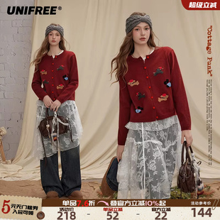 UNIFREE安卡拉红针织衫女冬季新款小狗弹力复古圆领保暖开衫上衣