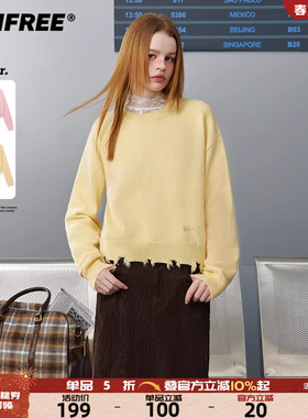 UNIFREE黄色北极绒圆领毛衣秋冬女小个子宽松厚实毛绒破洞针织衫