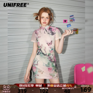 UNIFREE新中式 旗袍包臀裙 网纱连衣裙女国风立领显瘦小个子改良版