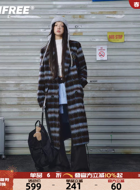 UNIFREE复古蓝色格子毛呢大衣双排扣翻领美式学院风宽松长款外套