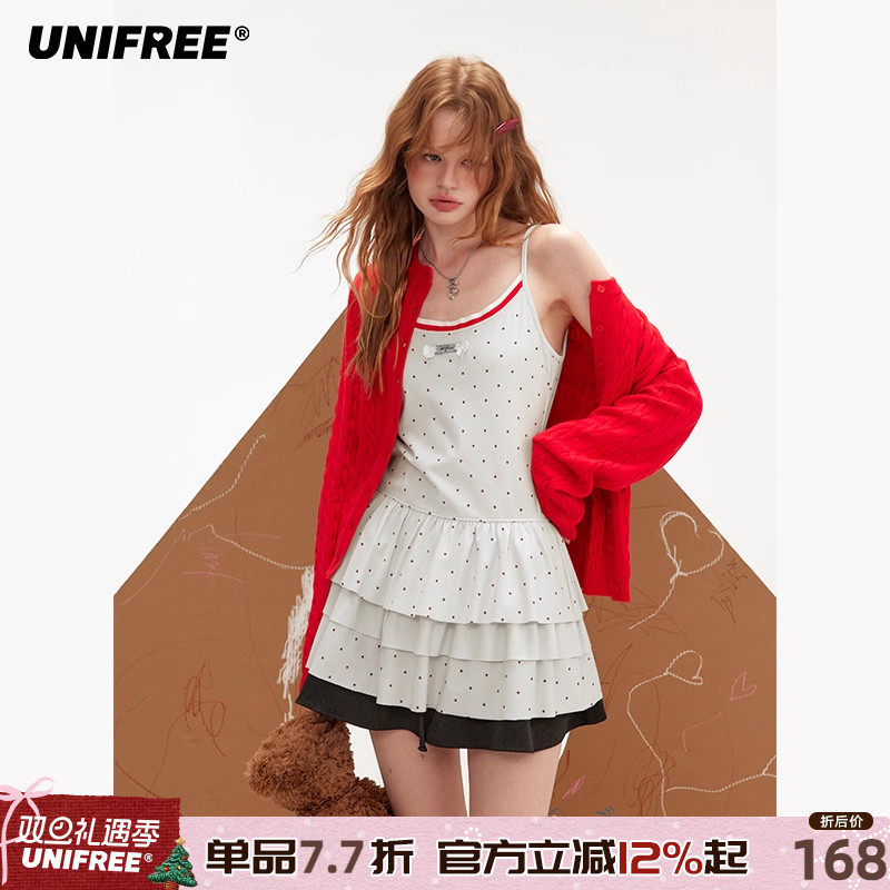 UNIFREE白色波点吊带内搭新款洋气别致收腰蓬蓬裙边秋季叠穿上衣
