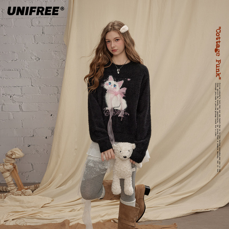 【美呀呀专属】UNIFREE黑色仿貂毛套头毛衣U254K111C1C1