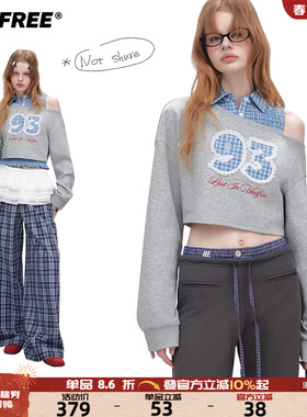 UNIFREE灰色斜肩辣妹长袖卫衣25年秋衬衫式背心叠穿撞色两件套装