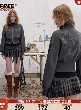 UNIFREE复古立领灰色外套秋季新款双拉链宽松短款小个子开衫上衣