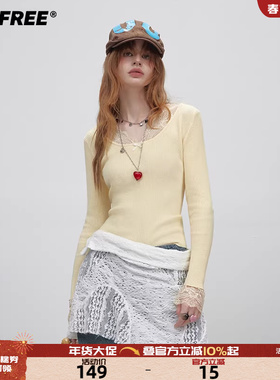 UNIFREE黄色套头针织衫25年秋款蕾丝拼接修身显瘦打底衫内搭上衣