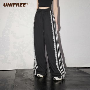 UNIFREE黑色美式休闲裤杠条蕾丝拼接时尚复古宽松阔腿拖地长裤子