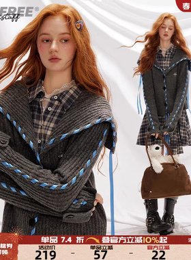 UNIFREE灰色大翻领针织衫女秋季撞色飘带设计感美式宽松开衫外套