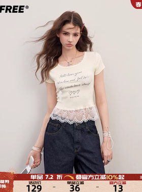 UNIFREE黄色印花短袖T恤女甜美少女感蕾丝拼接小个子百搭短款上衣