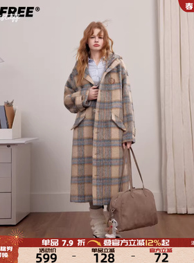 UNIFREE格子羊毛连帽毛呢大衣学院风新款直筒韩版高级长款呢外套