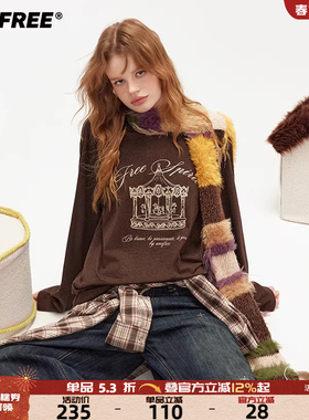 UNIFREE韩系灰色长袖T恤早秋穿搭可爱印花宽松休闲慵懒风百搭上衣