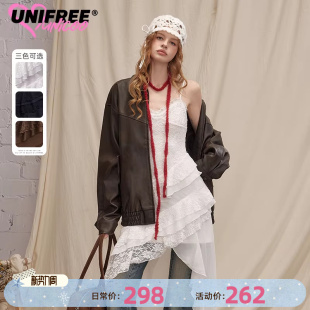 UNIFREE音乐节蕾丝吊带裙白色不规则收腰气质连衣裙 明星同款