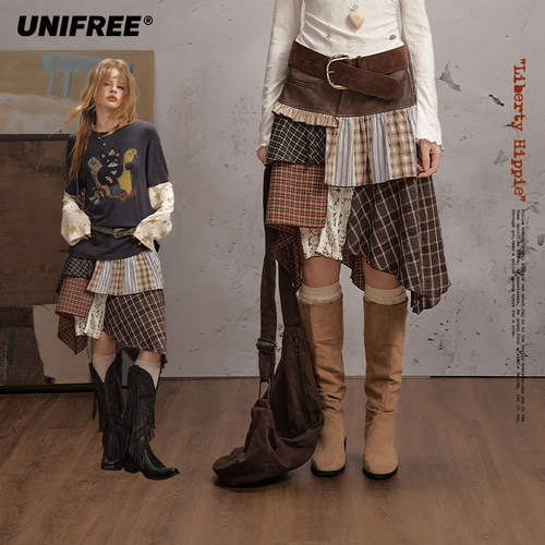UNIFREE格子拼接pu半身裙