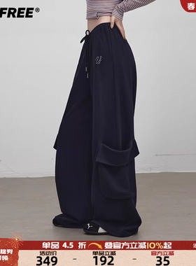 UNIFREE美式复古休闲运动裤女藏蓝色25年秋款中筒宽松工装风卫裤