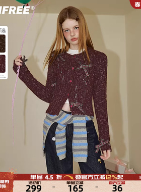 UNIFREE蝴蝶结绑带针织衫女撞色复古美式小个子收腰短款开衫上衣