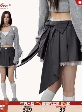 UNIFREE灰色西装短裙女简约蝴蝶结温柔jk高腰A字版蕾丝拼接百褶裙