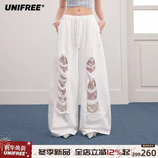 UNIFREE白色破洞休闲弯刀裤 蕾丝拼接宽松运动风复古街舞阔腿卫裤