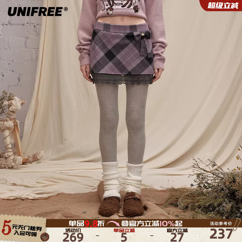 UNIFREE紫色格纹毛呢半身裙撞色蝴蝶结蕾丝边小个子显瘦包臀短裙