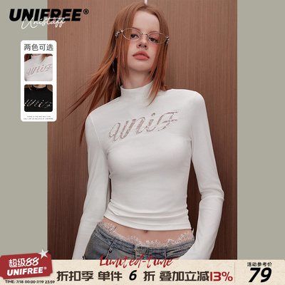 UNIFREE半高领长袖T恤正肩镂空蕾丝刺绣氛围感收腰显瘦短款打底衫