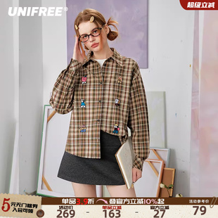 UNIFREE复古格纹长袖衬衫女翻领趣味刺绣重工设计感古着宽松衬衣