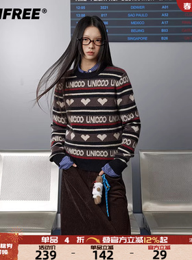 UNIFREE灰色条纹毛衣女款北极绒秋冬新款加厚爱心提花打底针织衫