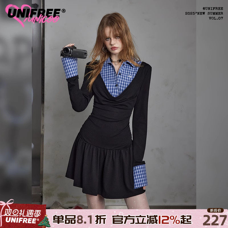 UNIFREE假两件长袖连衣裙