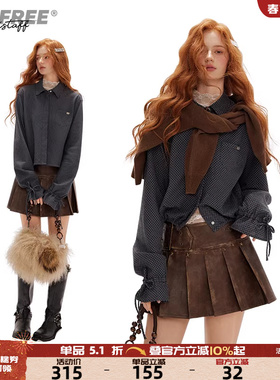 UNIFREE简约韩系长袖衬衫蓝色秋冬新款格子收腰休闲百搭长袖上衣