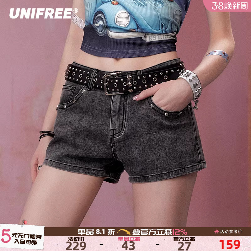 UNIFREE新款水洗牛仔短裤女黑灰色做旧复古低腰辣妹百搭显瘦热裤