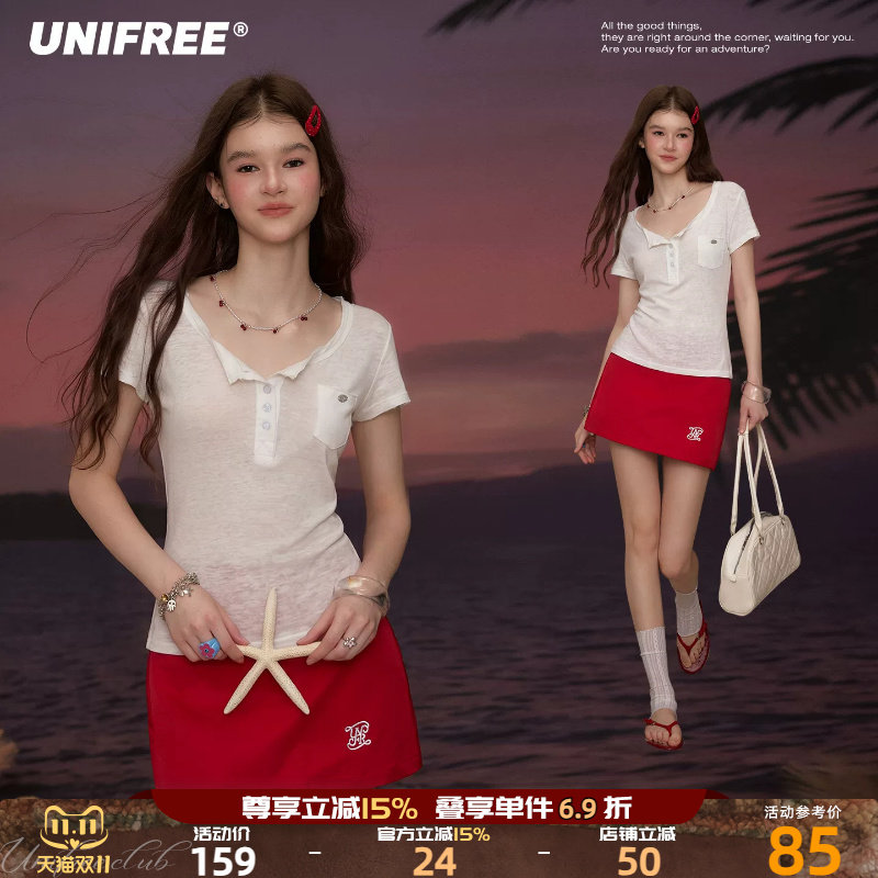 UNIFREE白色半开领短袖T恤女夏季薄款透气软糯休闲显瘦百搭小上衣