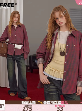 UNIFREE美式学院长袖衬衫格子衬衫无弹复古显瘦红色时尚撞色上衣