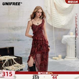 UNIFREE红色豹纹印花连衣裙女修身雪纺不规则荷叶边演唱会吊带裙
