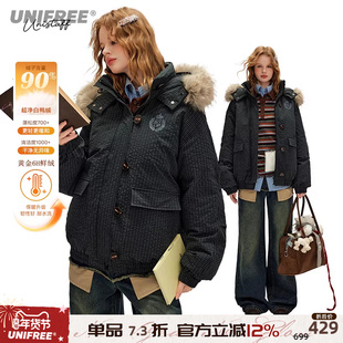UNIFREE美式复古工装羽绒服口袋毛领可拆卸加绒格子加厚宽松外套