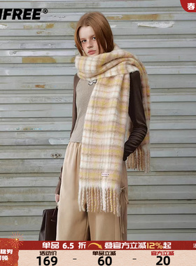 UNIFREE黄色格子日系复古围巾流苏加厚保暖洋气学生百搭