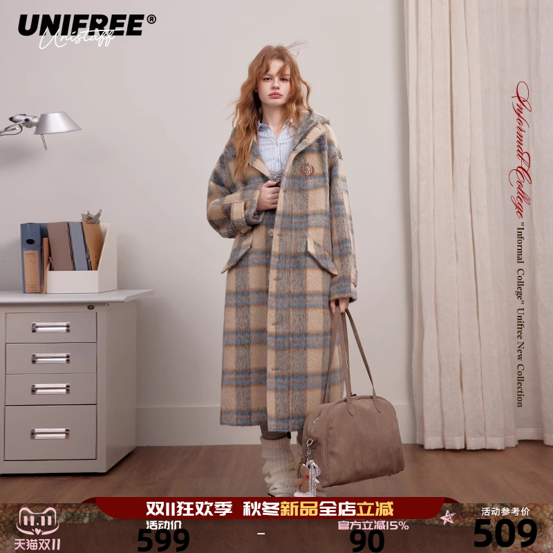 UNIFREE格子羊毛连帽毛呢大衣
