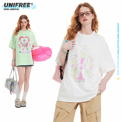 【25年夏】UNIFREE韩版宽松短袖T恤烫钻蝴蝶结印花学院风百搭上衣