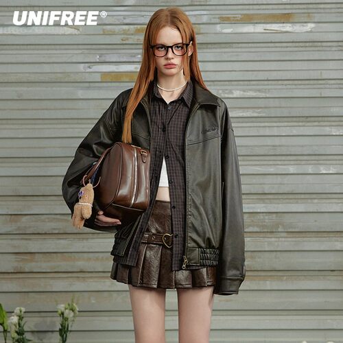 UNIFREE咖色翻领pu皮衣外套