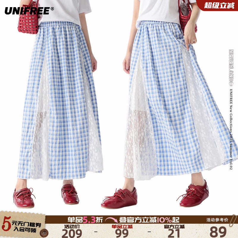 UNIFREE蓝白格纹半身裙