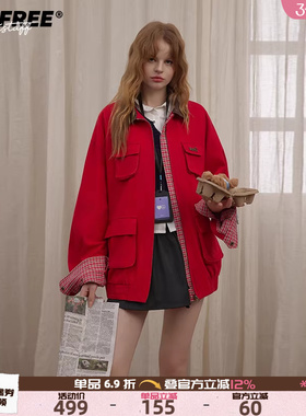 红色工装外套女25年秋款巴恩风美式宽松复古休闲百搭夹克