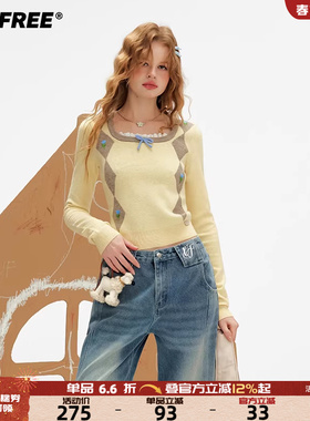 UNIFREE黄色方领长袖针织衫菱格撞色修身蝴蝶结秋季女装上衣