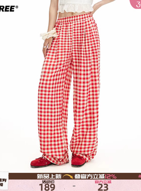 UNIFREE红色格纹休闲裤韩版复古直筒高腰宽松百搭垂坠感拖地长裤