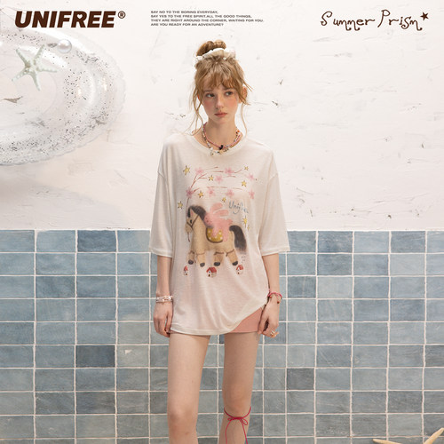 【昕怡粉丝专享】UNIFREE白色飞马印花短袖T恤夏季新款韩系U262G5