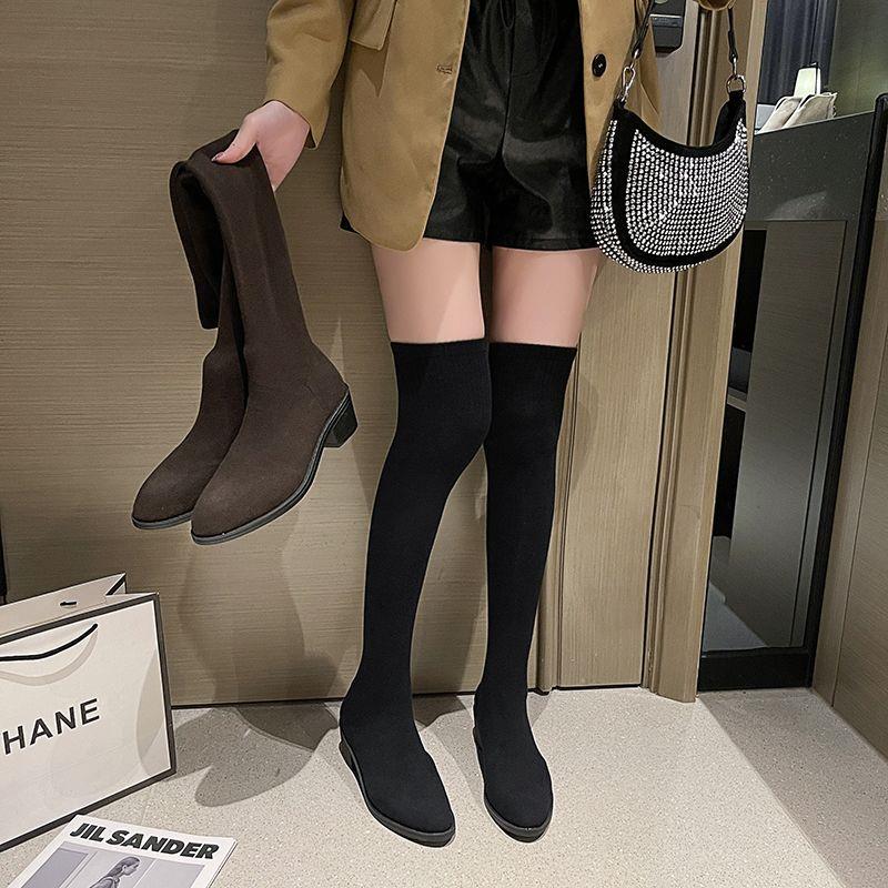 弹力袜子靴女2026春秋款百搭长筒连袜过膝靴女粗跟尖头瘦瘦靴大码