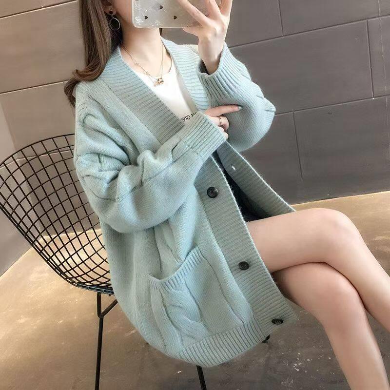 MJAE时尚慵懒风中长款麻花毛衣外套女春秋百搭大口袋针织开衫外穿