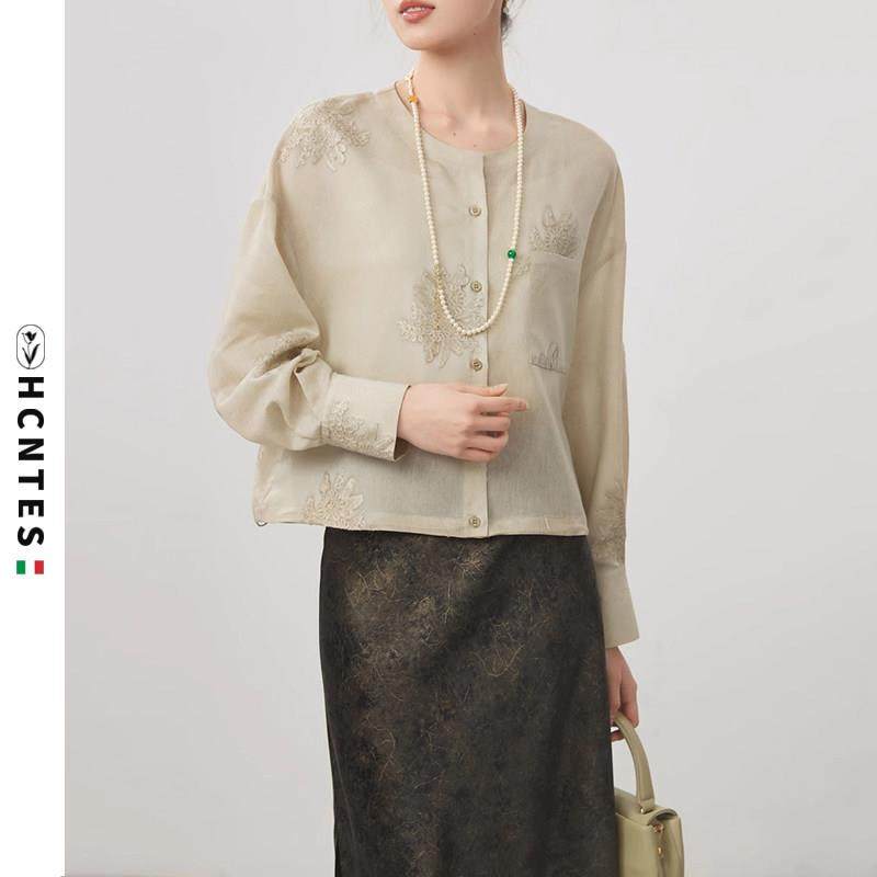 HCNTES衬衫女2025春季新中式国风刺绣醋酸短款圆领小衫上衣外套女,女装/女士精品,衬衫,淘宝优惠券,粉丝福利购,淘宝优惠卷